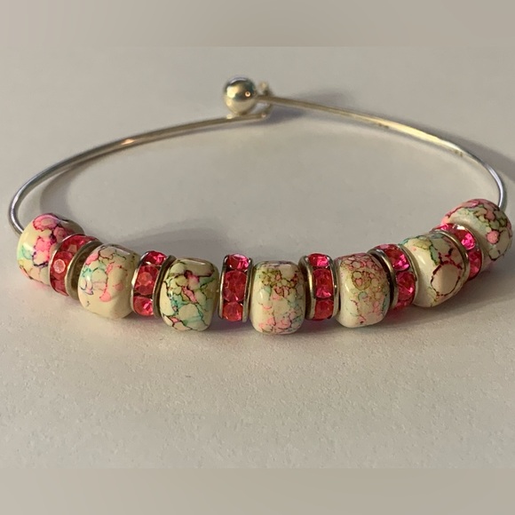 Handmade Jewelry - 8” Marble Look Plastic Beads Pink Crystal Bangle Bracelet